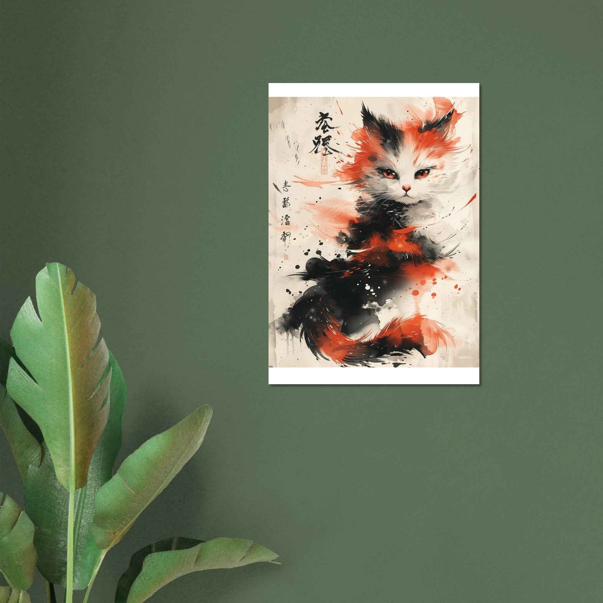 Fiery Feline Flair Poster – Dynamic Japanese Ink Wash Cat Wall Art (Multiple Sizes Available)