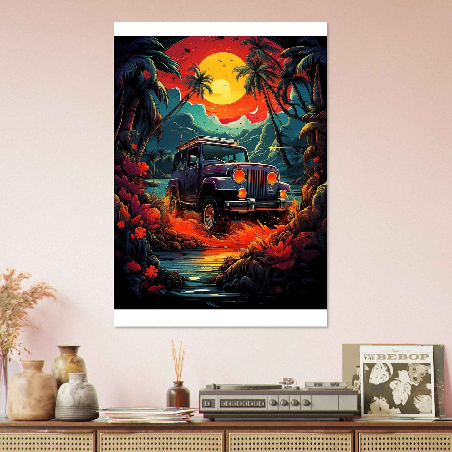 Jeep Adventure Sunset Poster – Tropical Off-Roading Wall Art (Multiple Sizes Available)