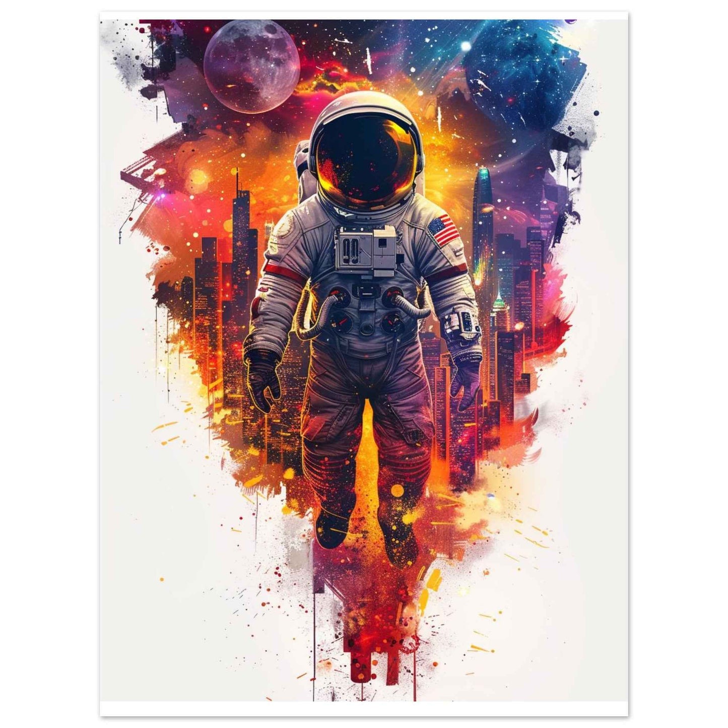 "Astronaut's Urban Odyssey" Poster – Vibrant Sci-Fi Cityscape Wall Art (Multiple Sizes Available)