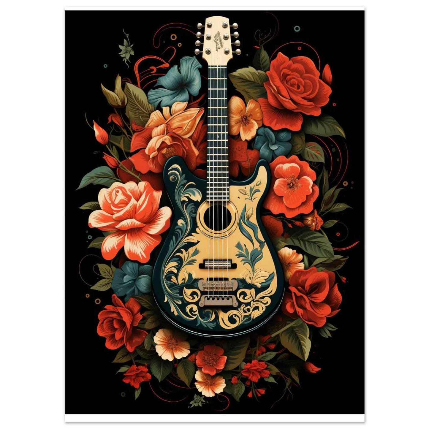 Floral Guitar Serenade Poster – Bohemian Botanical Wall Art (Multiple Sizes Available)