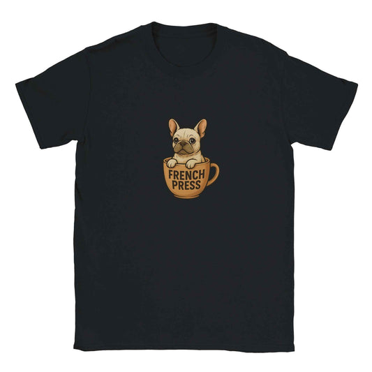 "French Press" Frenchie T-Shirt – Adorable Coffee & Dog Lover Design in Multiple Colors & Sizes