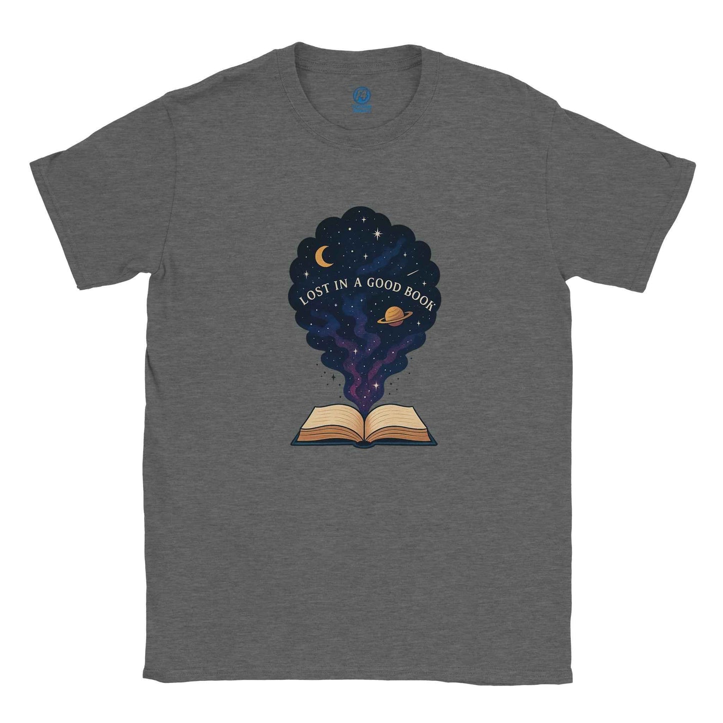 "Lost in a Good Book" Bookish T-Shirt – Celestial Reader Design in Your Choice of Seven Hues