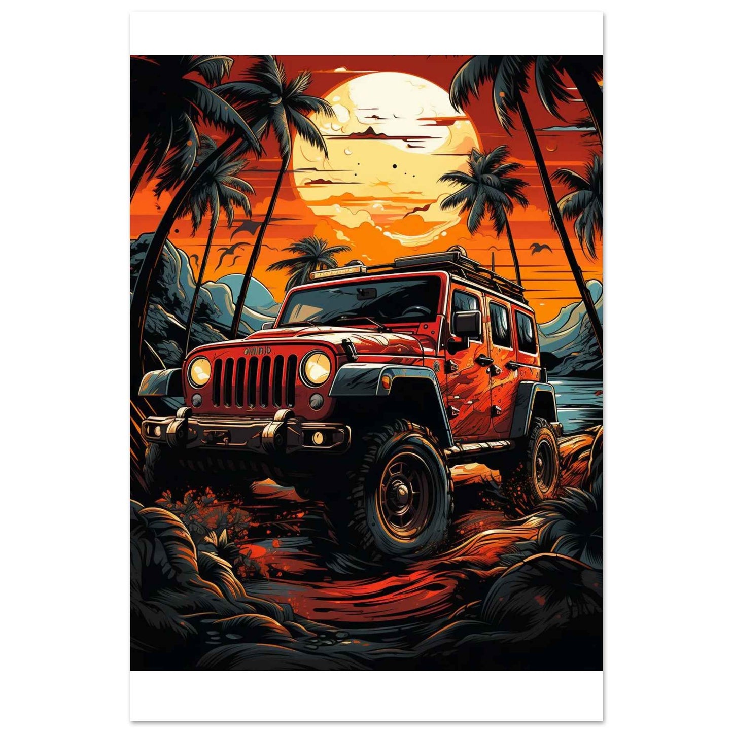 "Tropical Sunset Jeep" Poster – Vibrant Island Adventure Wall Art (Multiple Sizes Available)