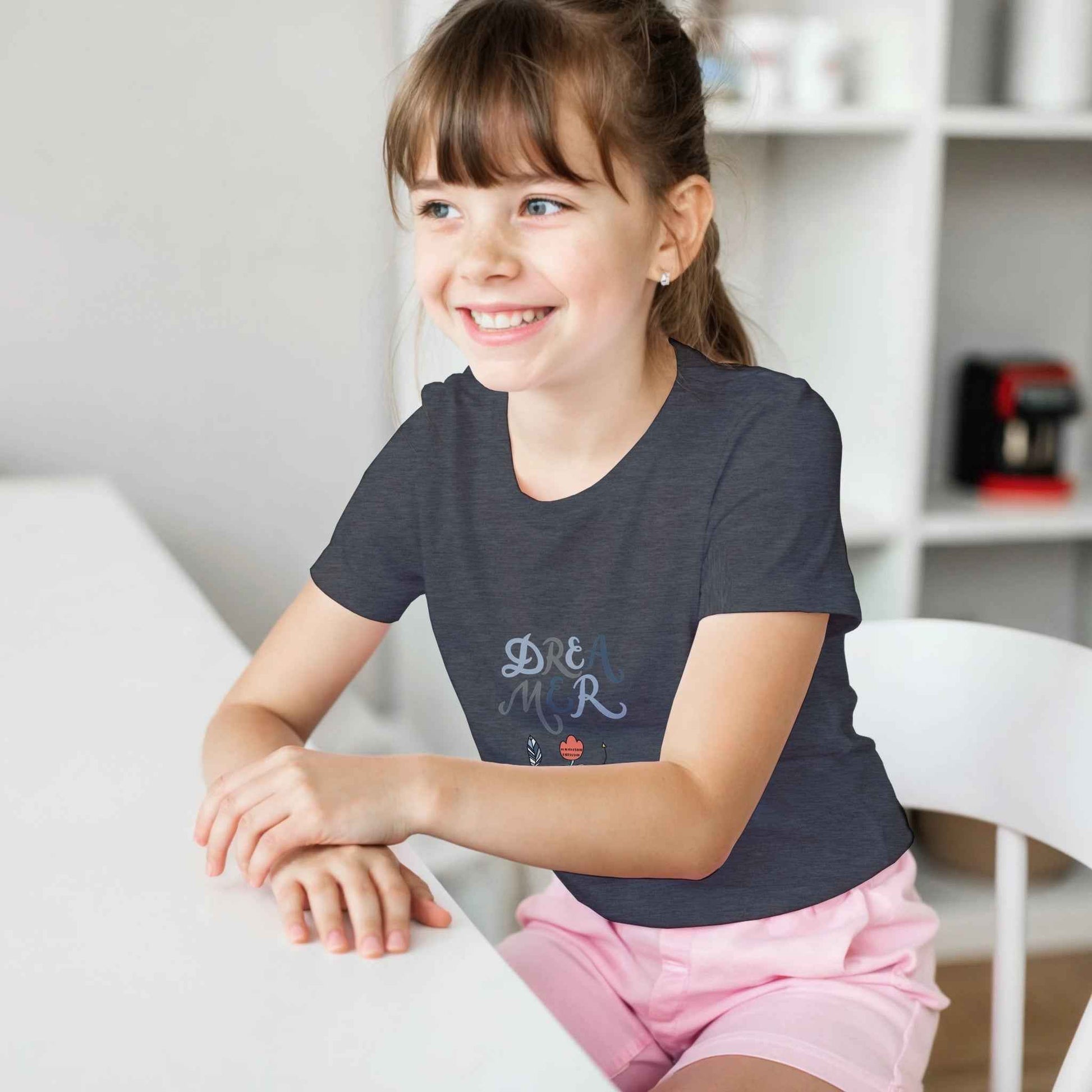 Boho Dreamer Kids T-Shirt – Whimsical Style with Feather & Floral Accents