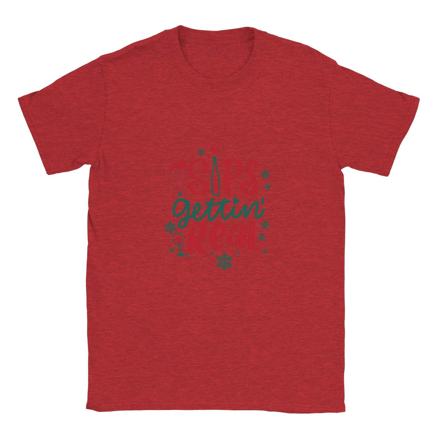 "Sips Gettin' Real" Christmas Shirt – Festive Holiday Graphic Tee with Santa & Wine Design