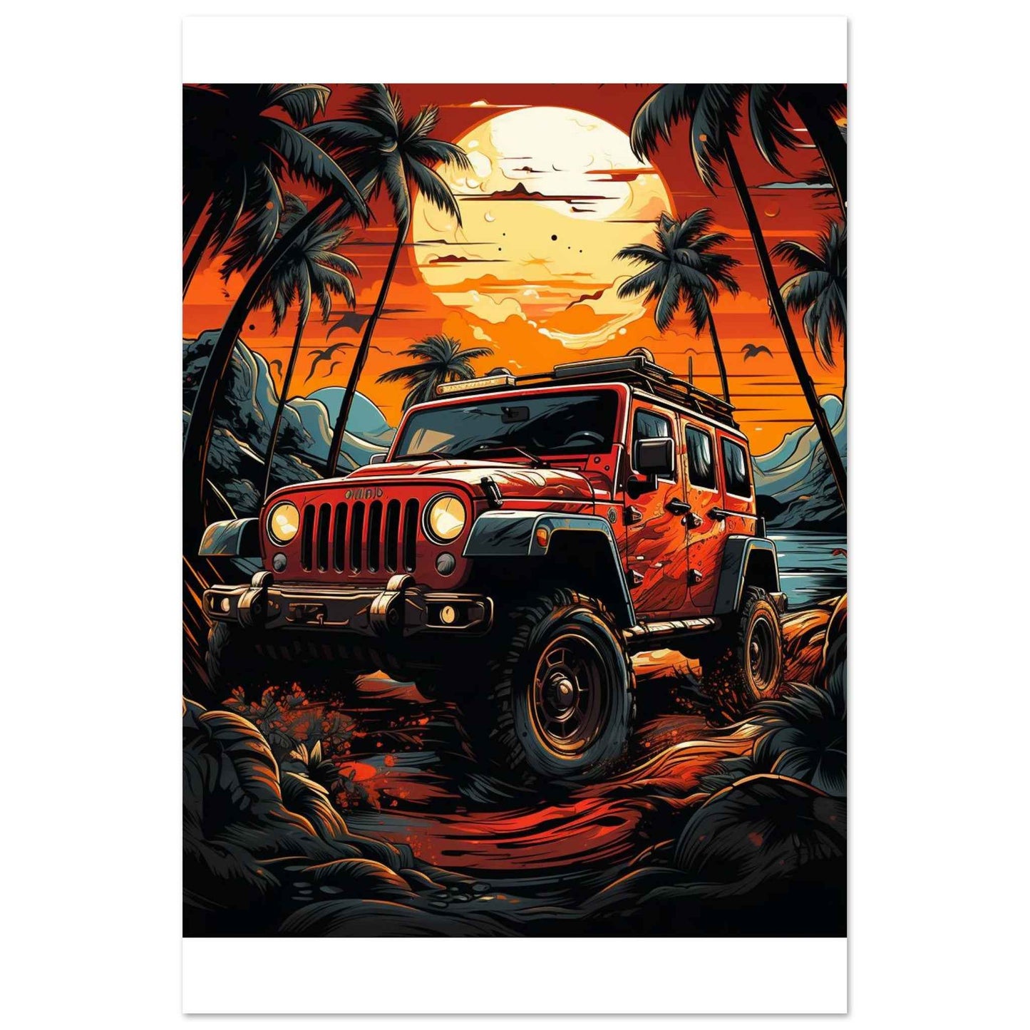 "Tropical Sunset Jeep" Poster – Vibrant Island Adventure Wall Art (Multiple Sizes Available)