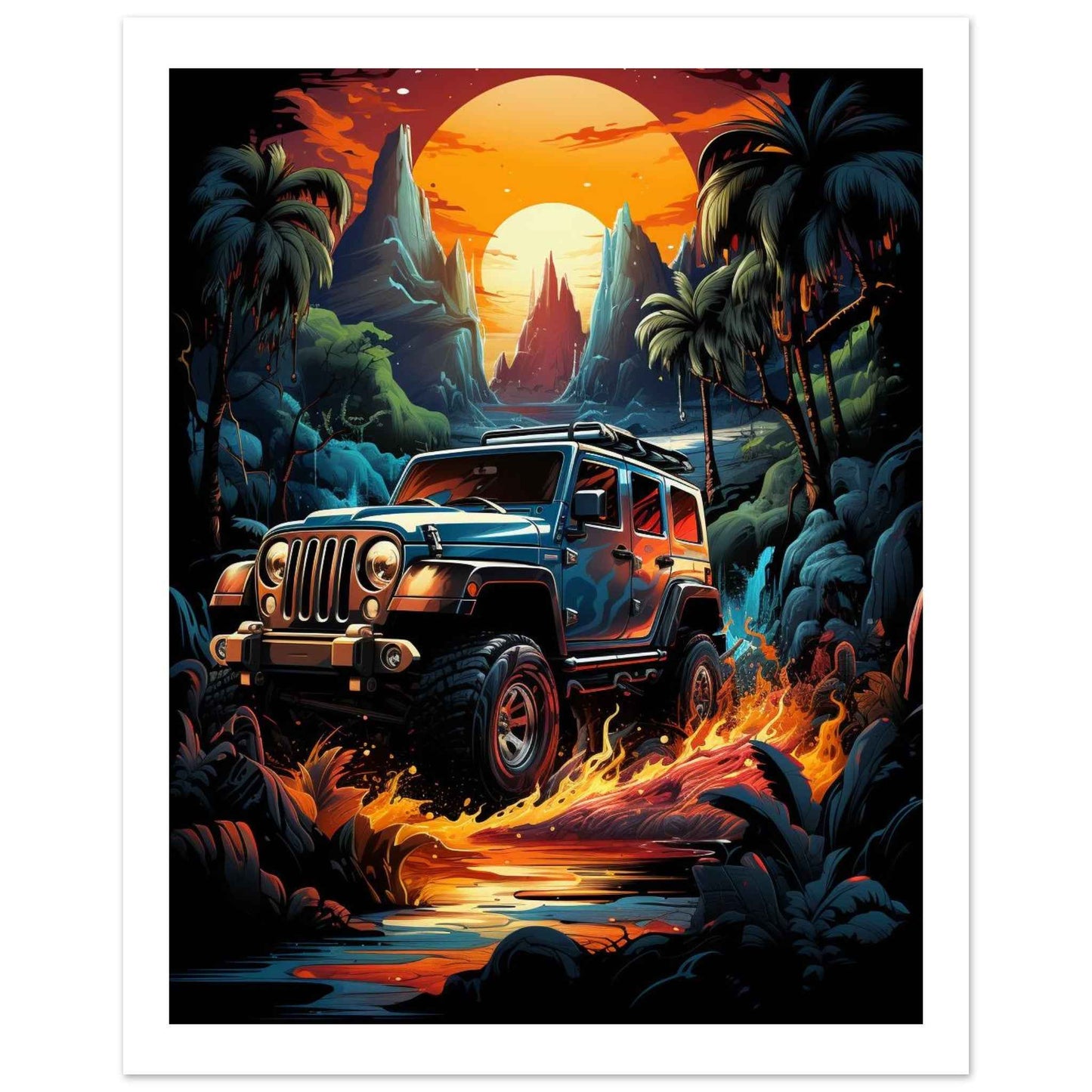 “Tropical Off-Road Sunset” Poster – Vibrant Adventure Wall Art (Multiple Sizes Available)