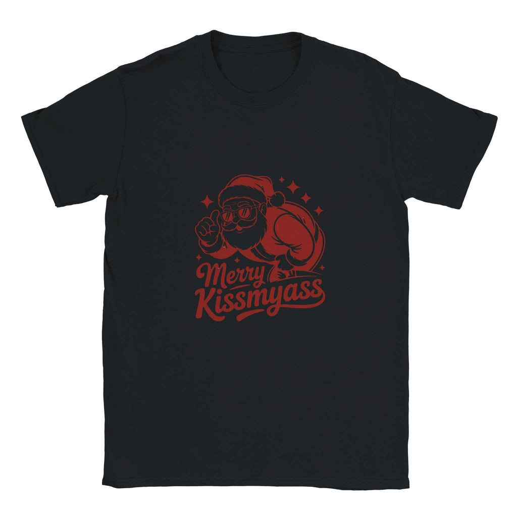 Merry Kissmyass Santa Christmas Shirt – Snarky Holiday Graphic Tee in Your Choice of Festive Hues