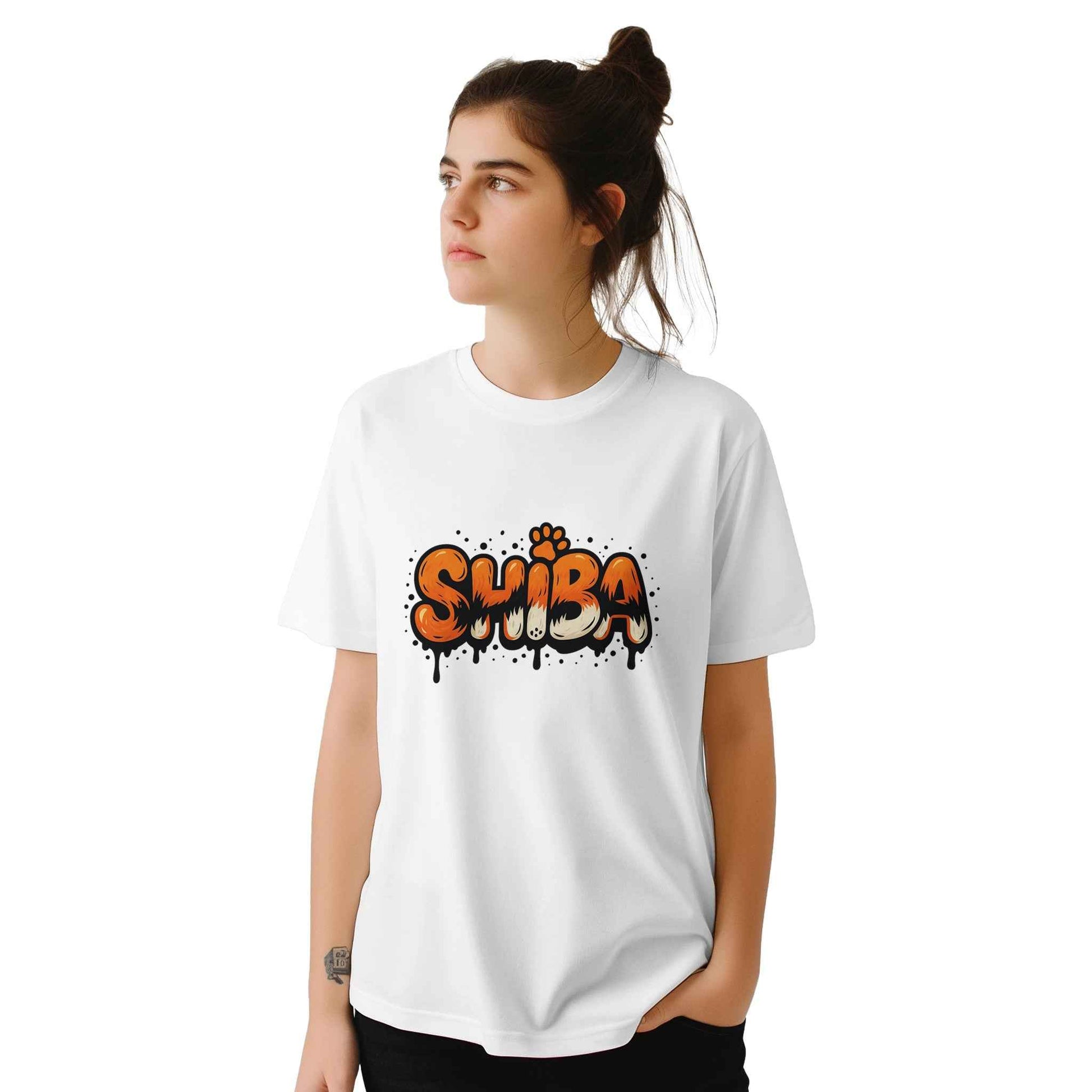 SHIBA INU T-Shirt – Playful Fox & Paw Print Graffiti