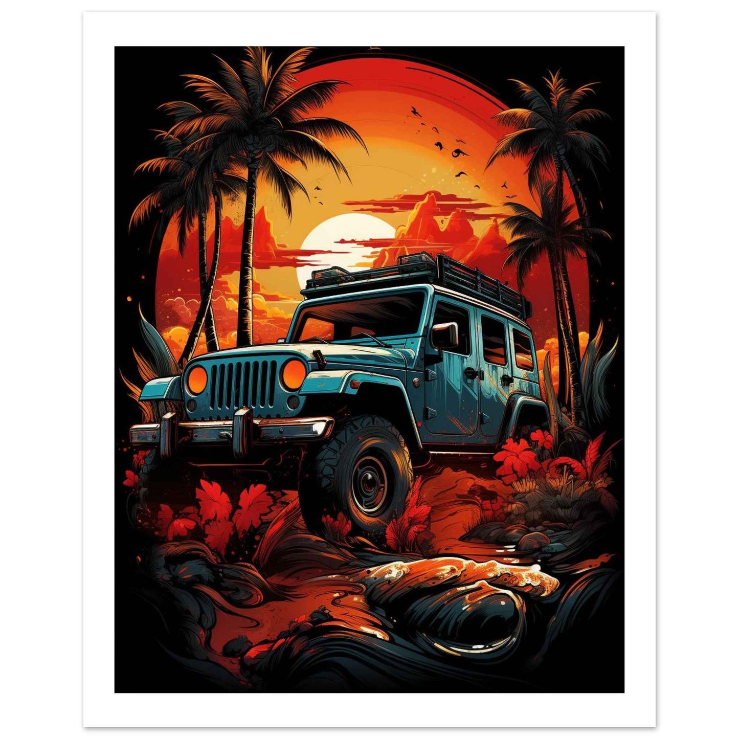 Jeep Sunset Safari Poster – Vibrant Tropical Off-Road Wall Art (Multiple Sizes Available)