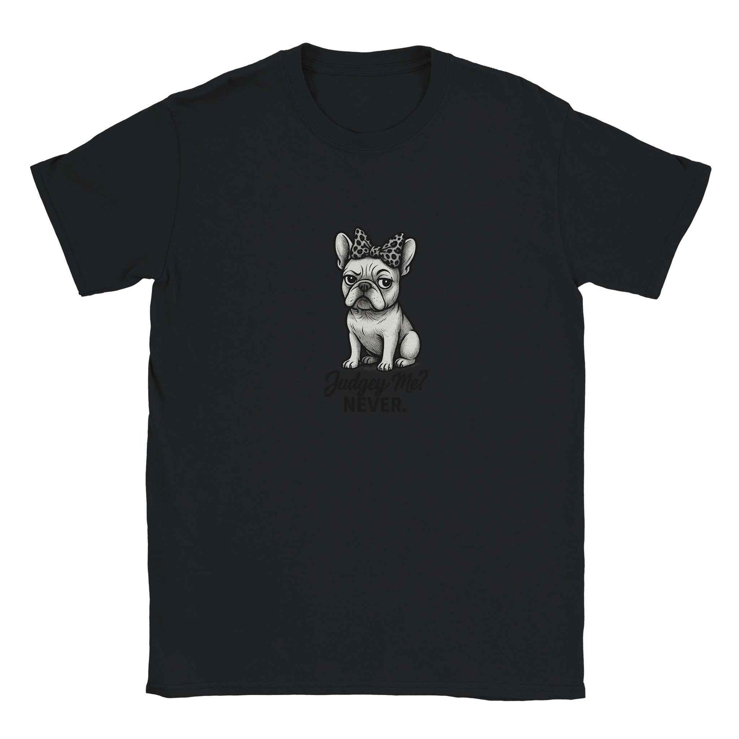 "Judgey Me? Never." Frenchie T-Shirt – Sassy Leopard Bow French Bulldog Design in Your Choice of Nine Hues