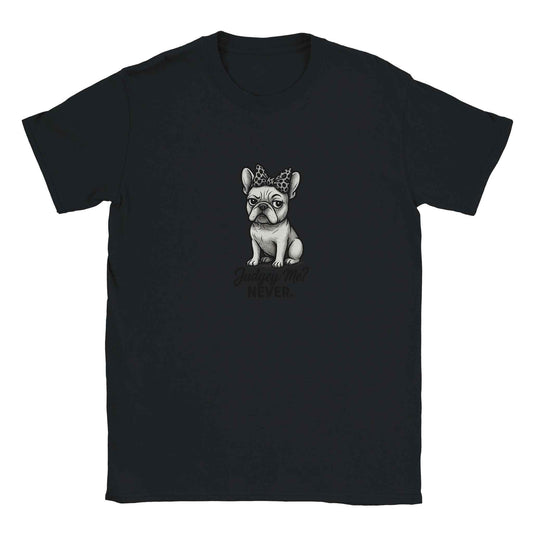 "Judgey Me? Never." Frenchie T-Shirt – Sassy Leopard Bow French Bulldog Design in Your Choice of Nine Hues