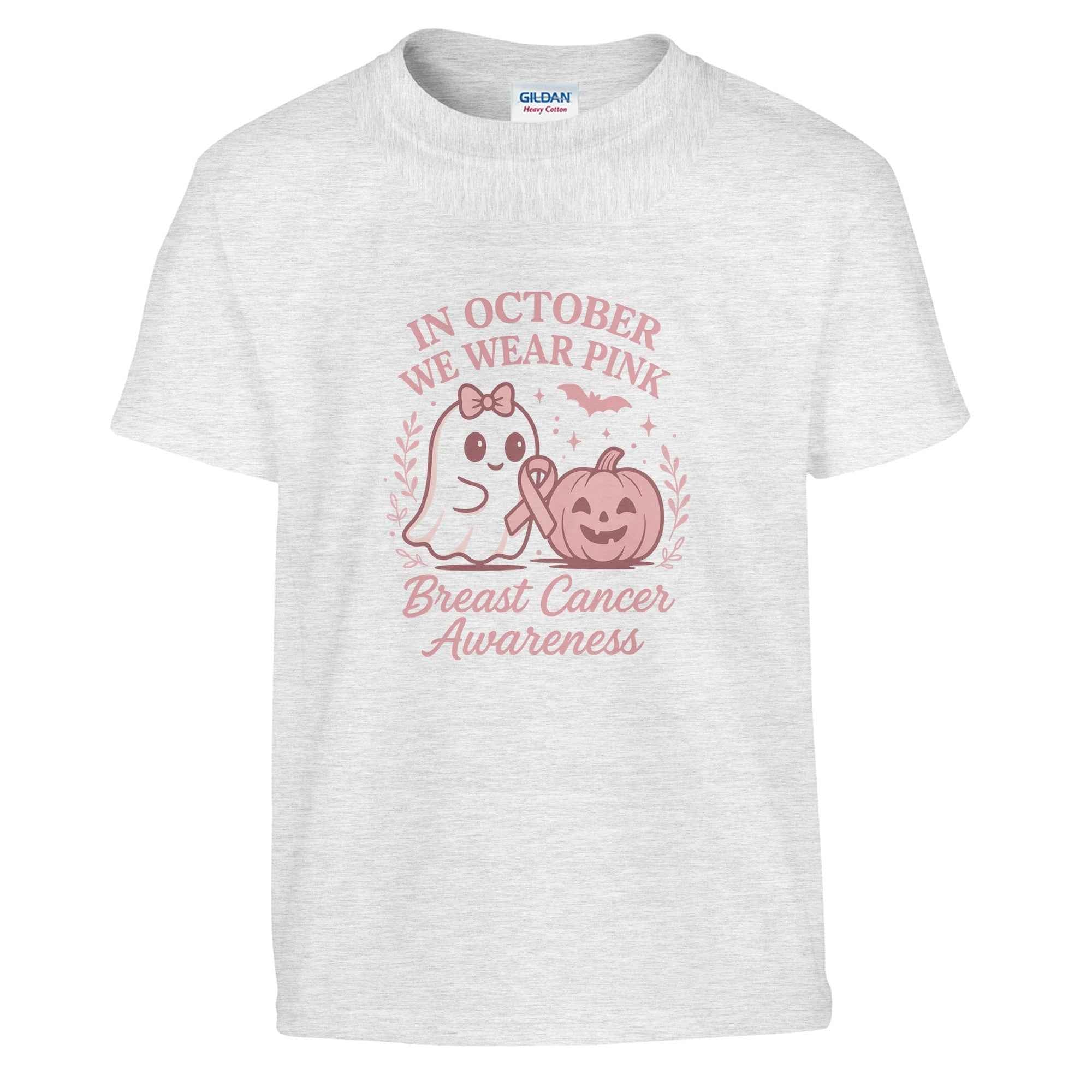 In October We Wear Pink Ghost & Pumpkin T-Shirt | Breast Cancer Awareness Halloween Tee | Cute Pink Support Shirt