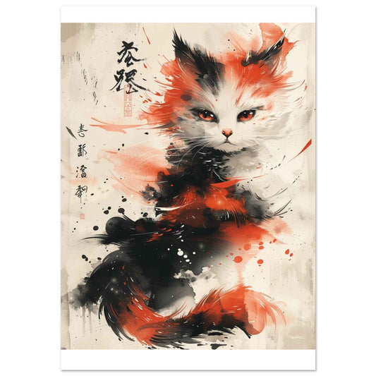 Fiery Feline Flair Poster – Dynamic Japanese Ink Wash Cat Wall Art (Multiple Sizes Available)