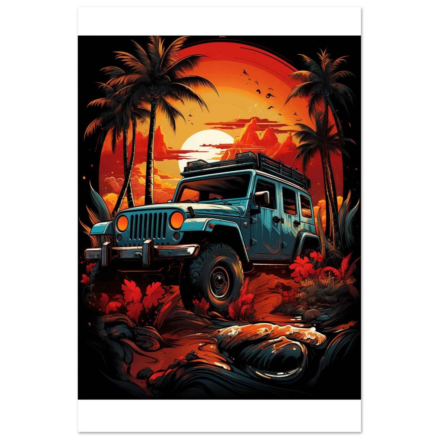 Jeep Sunset Safari Poster – Vibrant Tropical Off-Road Wall Art (Multiple Sizes Available)