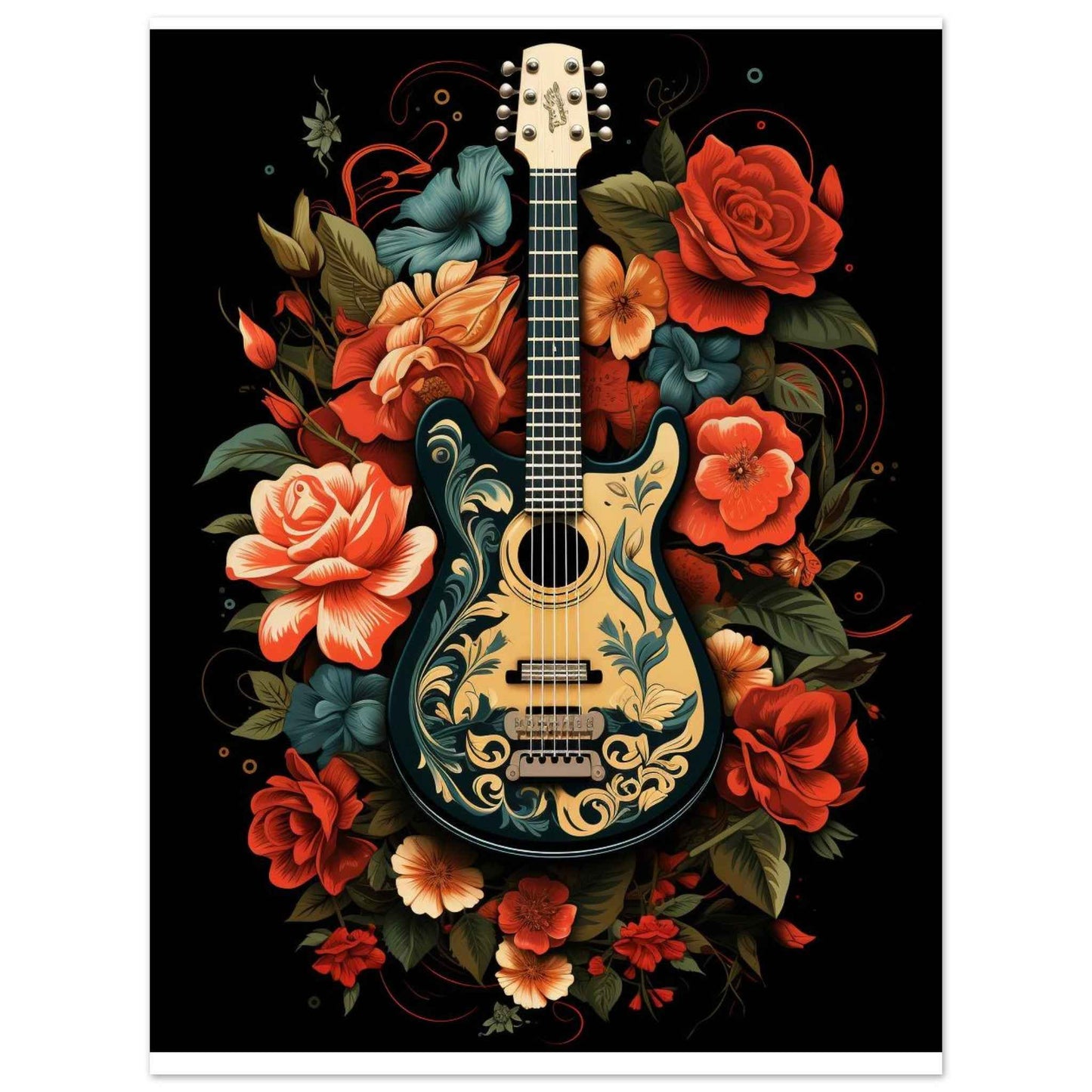 Floral Guitar Serenade Poster – Bohemian Botanical Wall Art (Multiple Sizes Available)