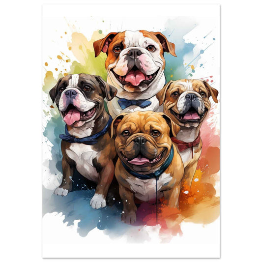 Charming Bulldogs' Splash Poster – Whimsical Watercolor Pet Wall Art (Multiple Sizes Available)