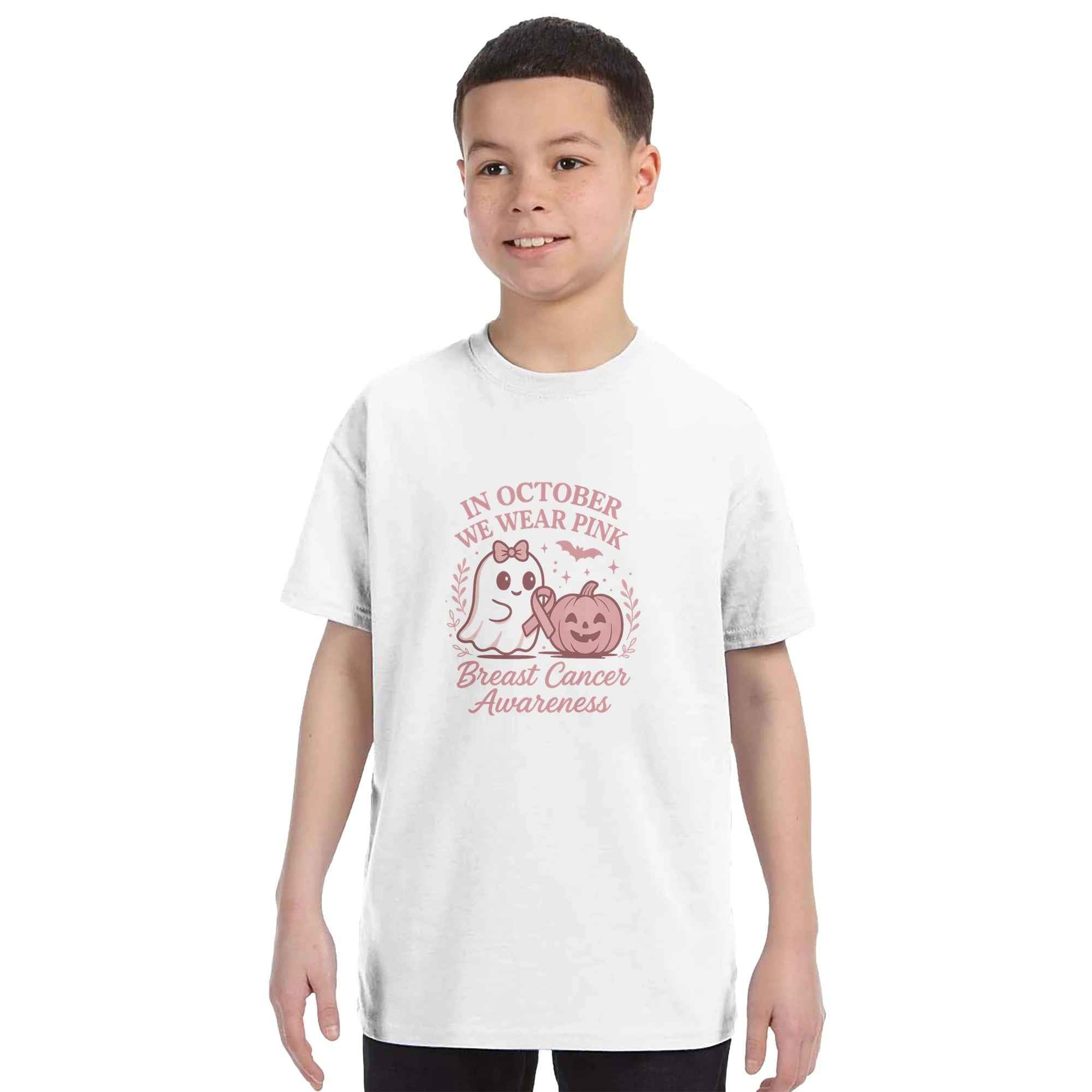In October We Wear Pink Ghost & Pumpkin T-Shirt | Breast Cancer Awareness Halloween Tee | Cute Pink Support Shirt