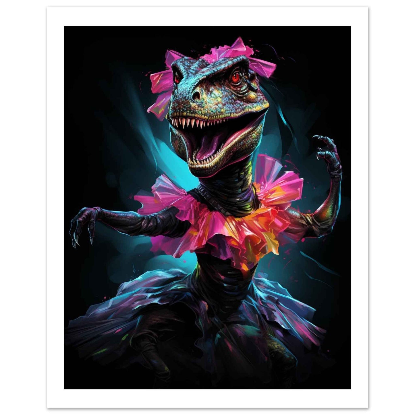 "Prima Dino-Ballerina" Poster – Whimsical Neon Dinosaur Wall Art (Multiple Sizes Available)