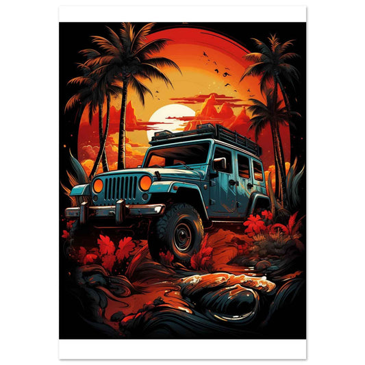 Jeep Sunset Safari Poster – Vibrant Tropical Off-Road Wall Art (Multiple Sizes Available)
