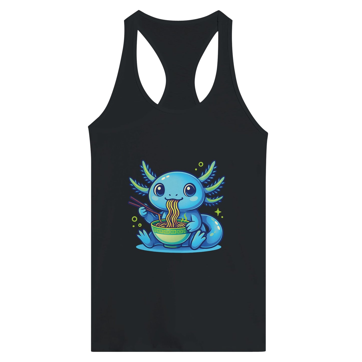 Axolotl Eating Ramen Women’s Racerback Tank – Kawaii Noodle Lover Graphic Top - F4 Custom Prints
