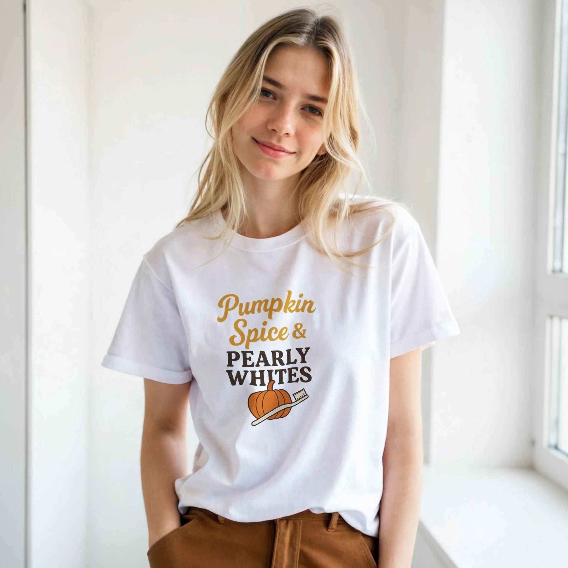 Pumpkin Spice Pearly Whites T-Shirt – Pumpkin Spice Dental T-Shirt - F4 Custom Prints