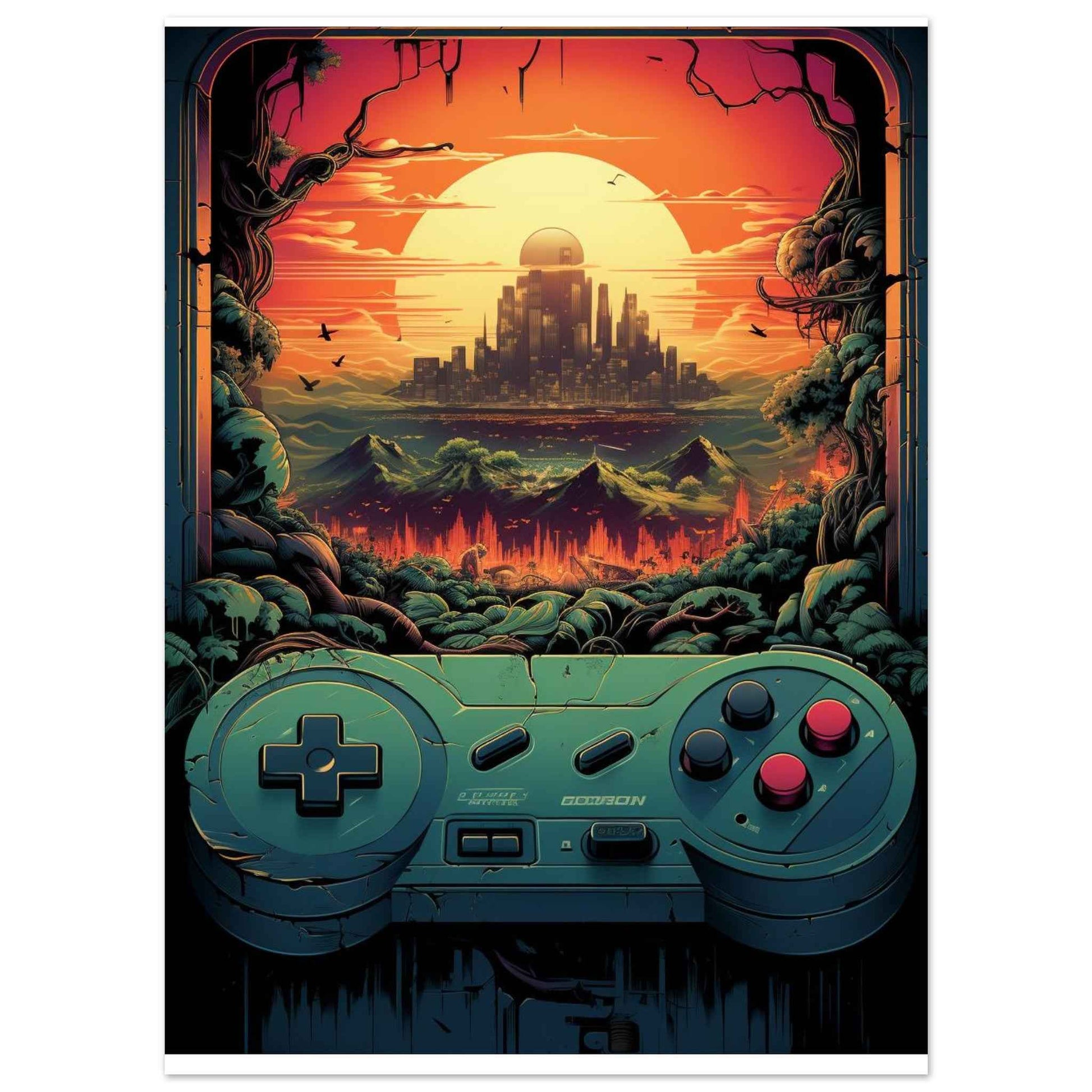 "Gamer's Sunset" Poster – Retro-Futuristic Gaming Wall Art (Multiple Sizes Available)
