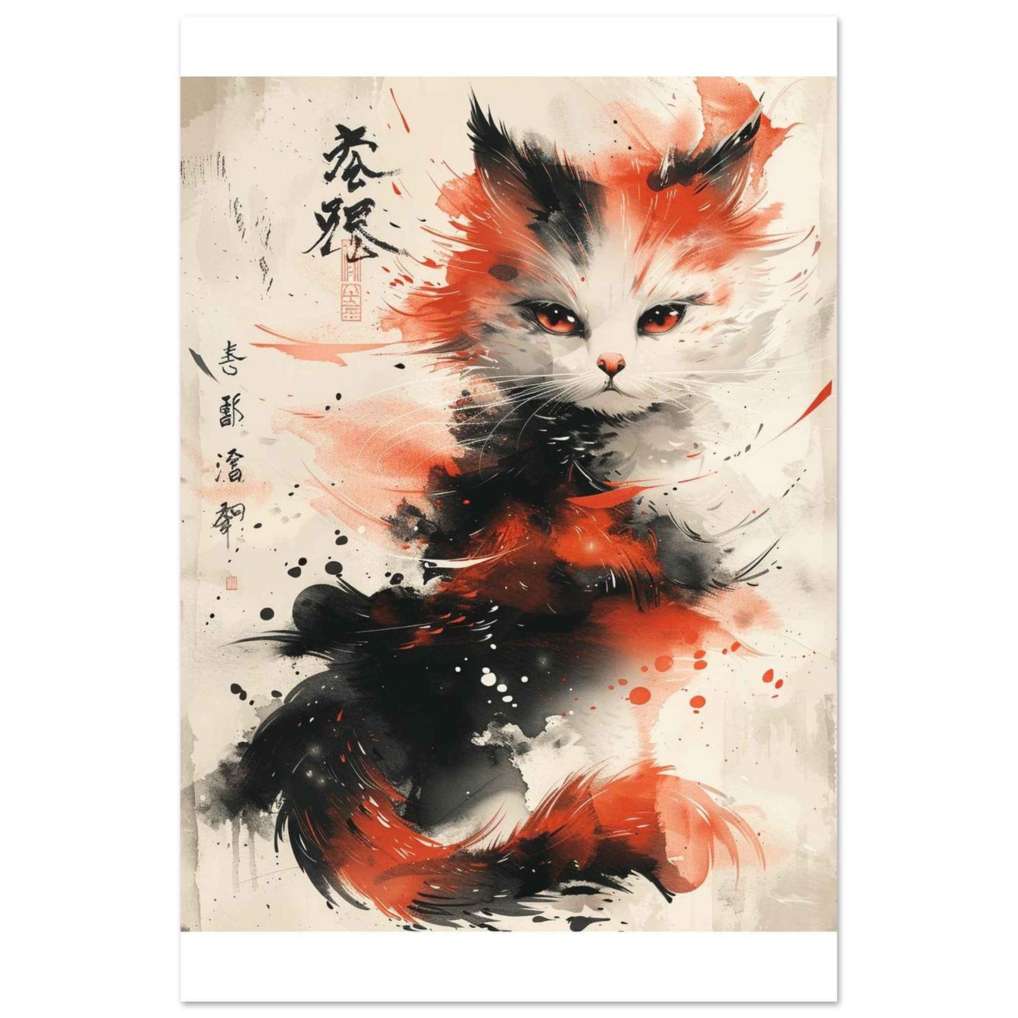 Fiery Feline Flair Poster – Dynamic Japanese Ink Wash Cat Wall Art (Multiple Sizes Available)