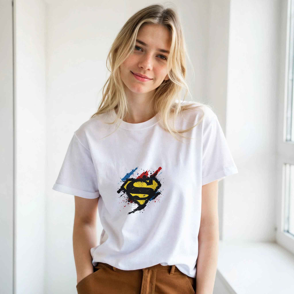 Superman Splatter Shield T-Shirt – Heroic Comic-Inspired Graphic Tee in Multiple Colors