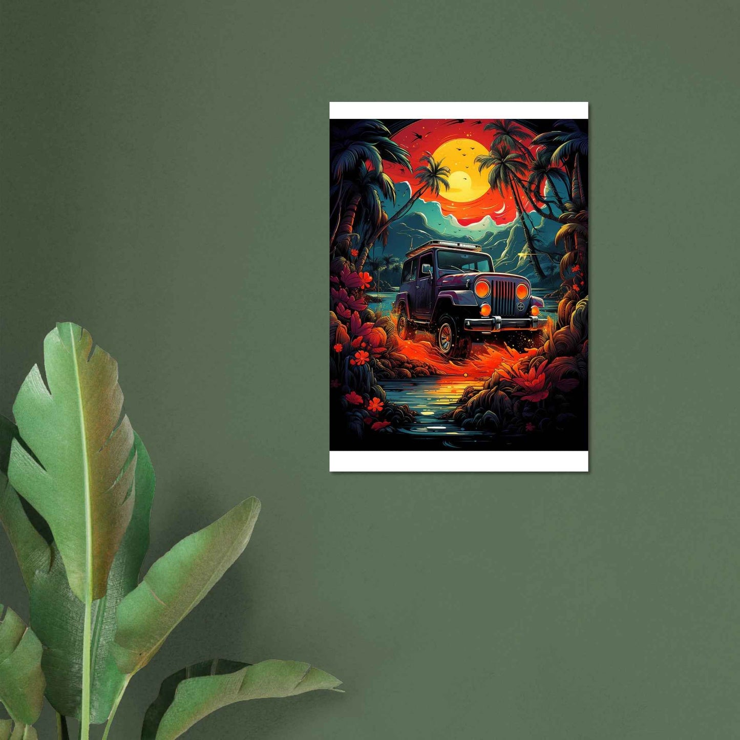 Jeep Adventure Sunset Poster – Tropical Off-Roading Wall Art (Multiple Sizes Available)