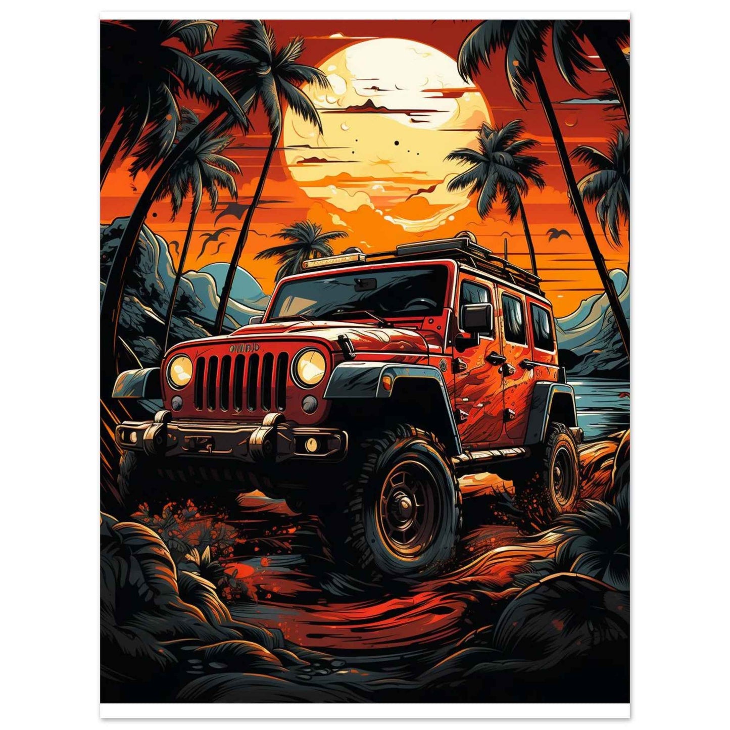 "Tropical Sunset Jeep" Poster – Vibrant Island Adventure Wall Art (Multiple Sizes Available)