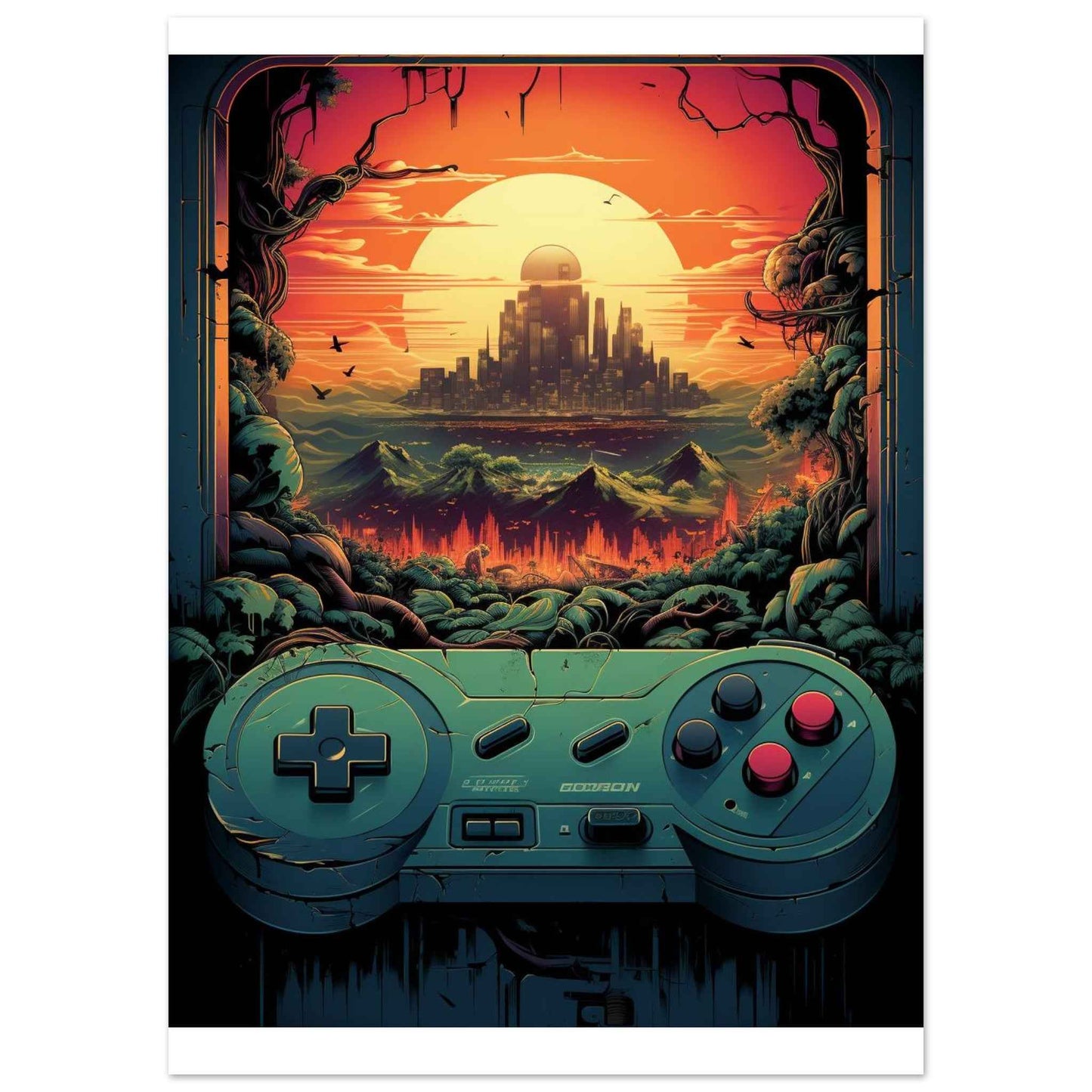 "Gamer's Sunset" Poster – Retro-Futuristic Gaming Wall Art (Multiple Sizes Available)