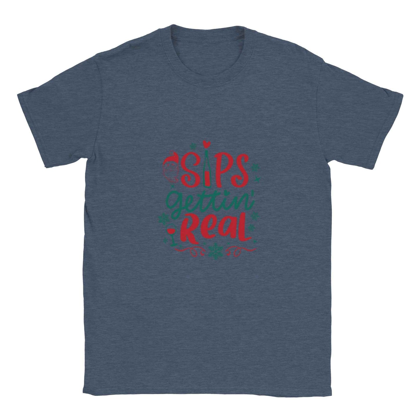 "Sips Gettin' Real" Christmas Shirt – Festive Holiday Graphic Tee with Santa & Wine Design