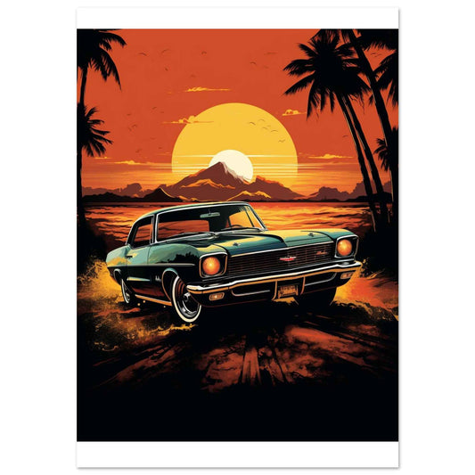 Retro Sunset Drive Poster – Vintage Car & Palm Trees Wall Art (Multiple Sizes Available)
