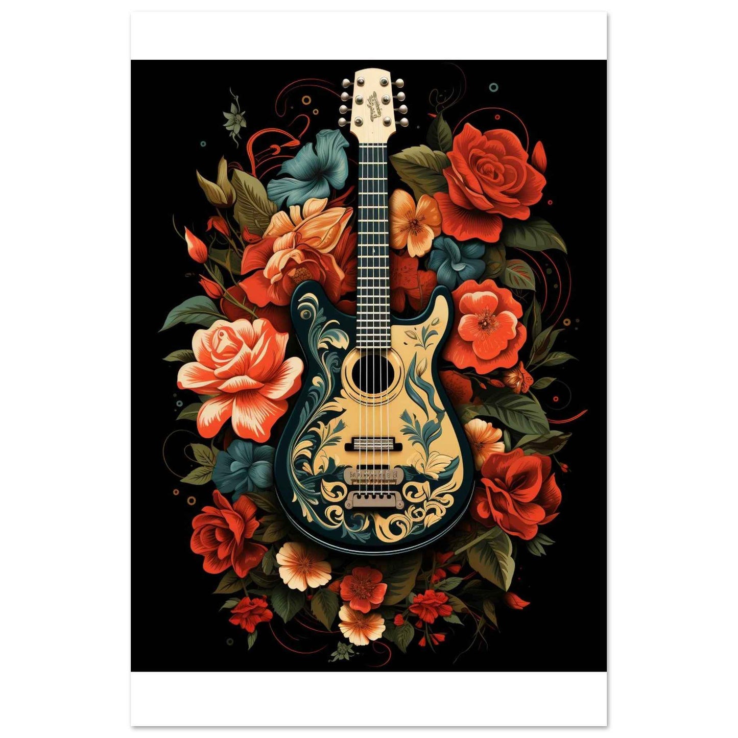Floral Guitar Serenade Poster – Bohemian Botanical Wall Art (Multiple Sizes Available)
