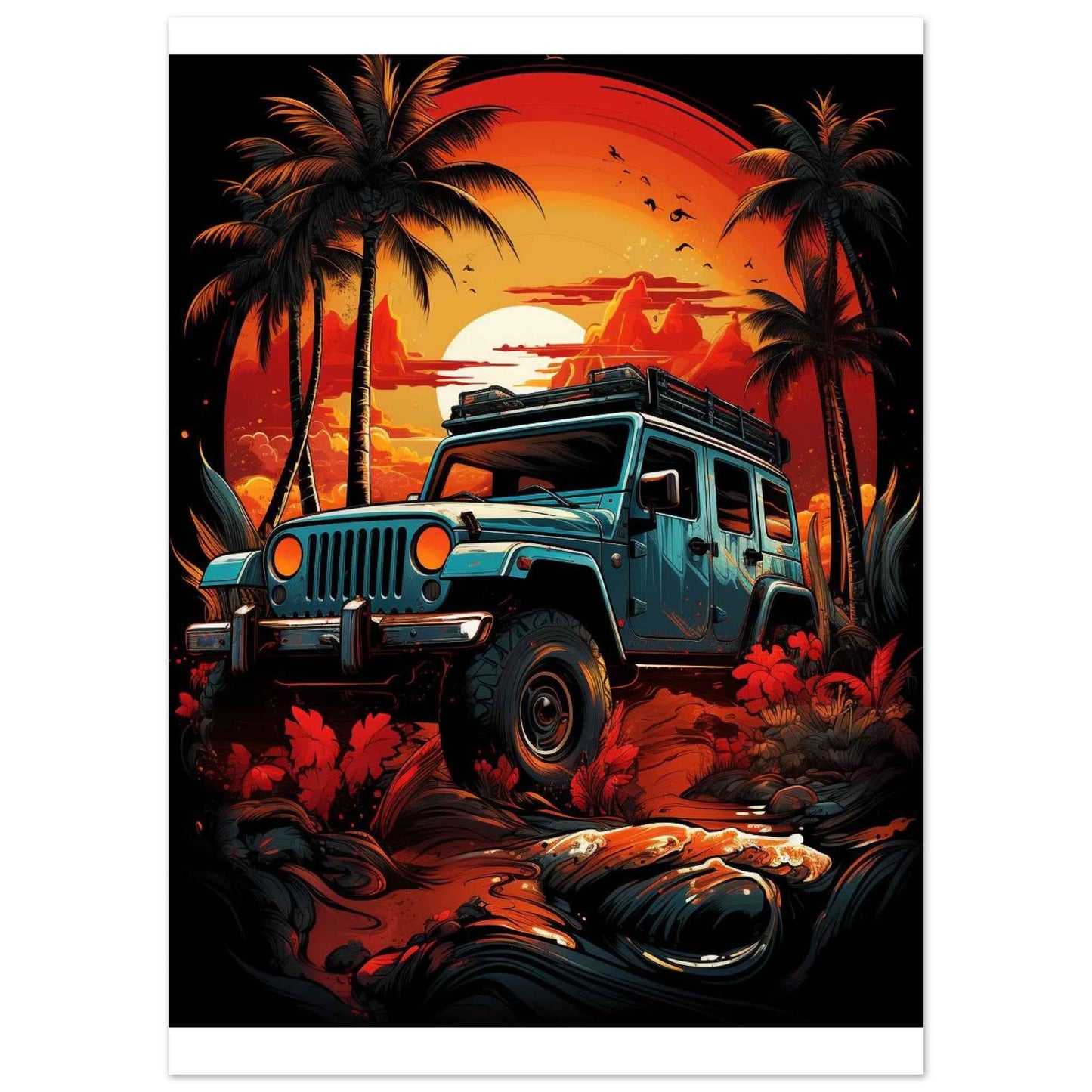 Jeep Sunset Safari Poster – Vibrant Tropical Off-Road Wall Art (Multiple Sizes Available)