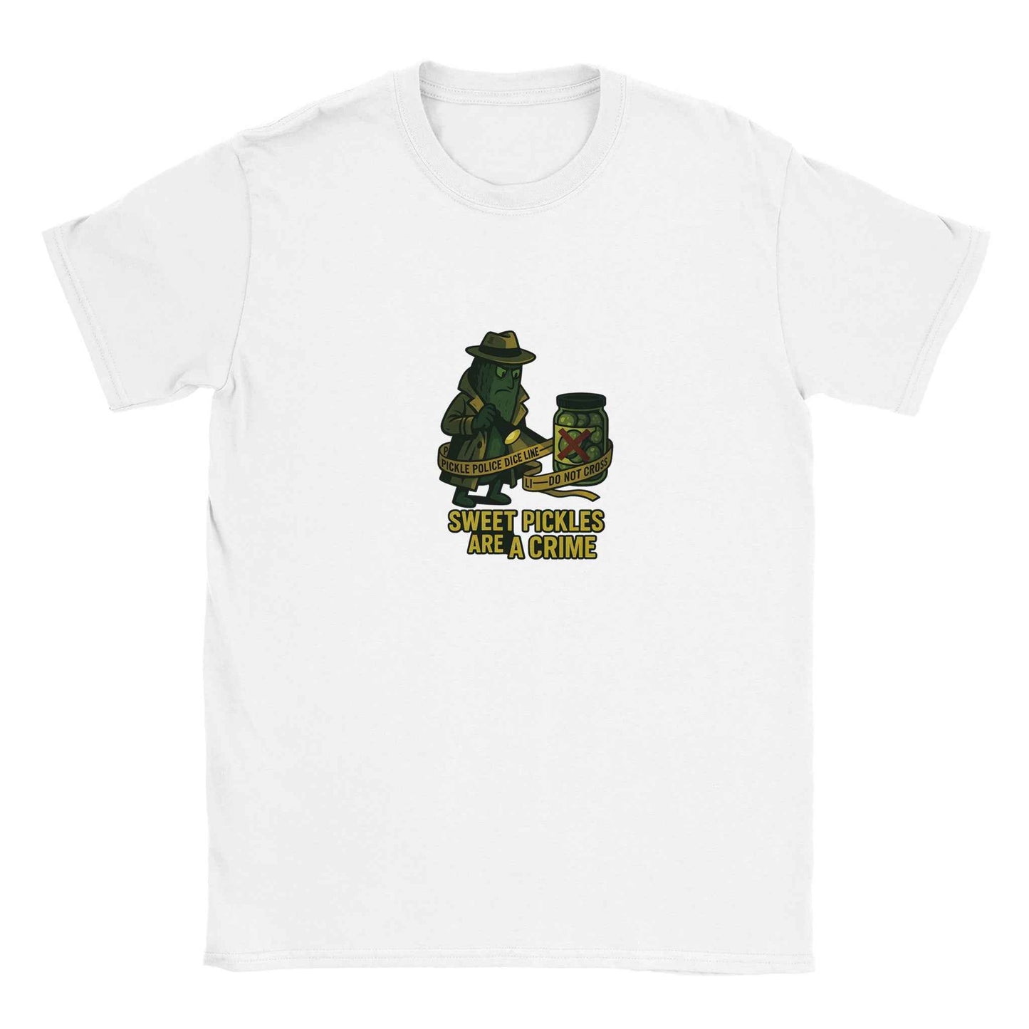 ‘Sweet Pickles Are A Crime’ Pickle T-Shirt – Detective-Style Brine Sleuth Graphic