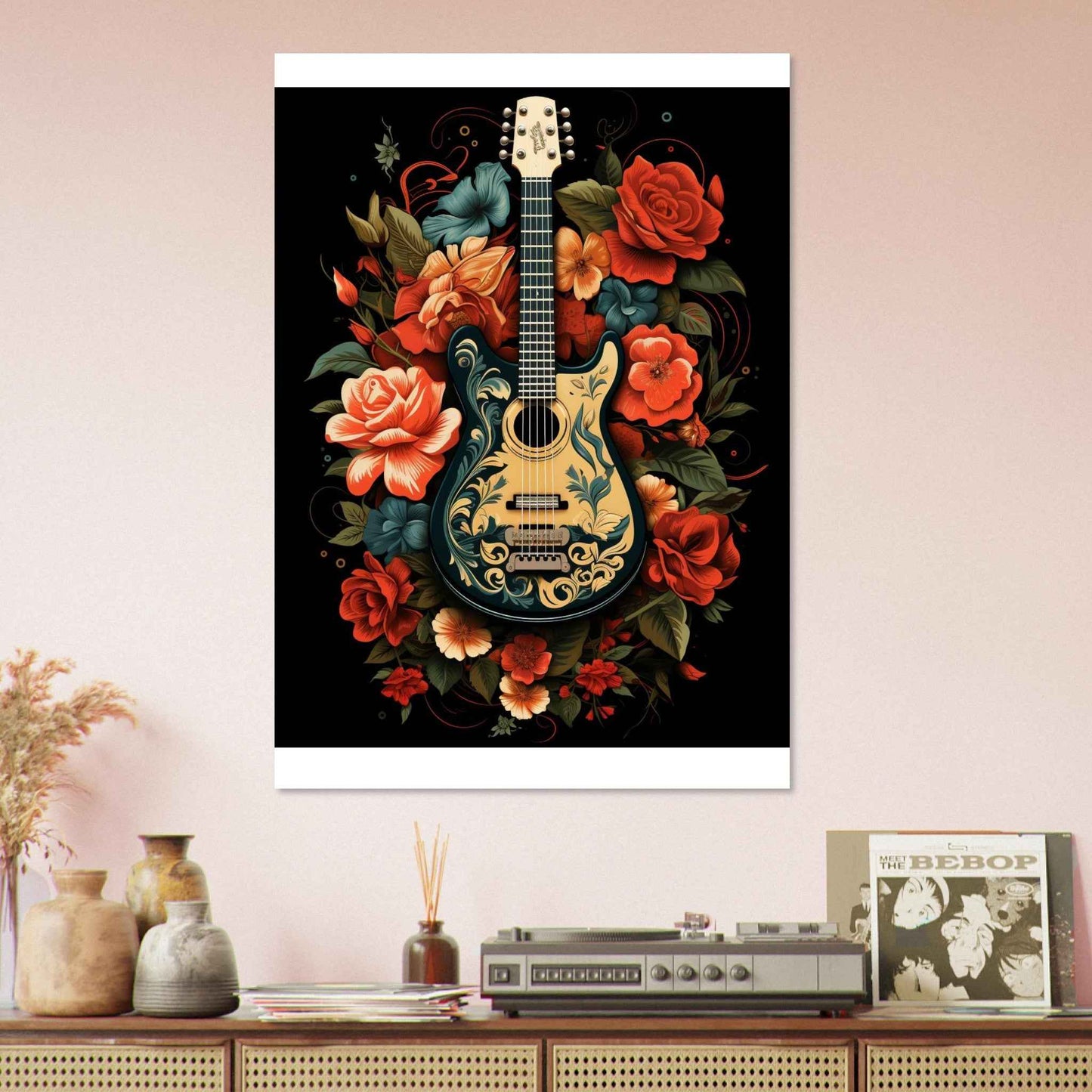 Floral Guitar Serenade Poster – Bohemian Botanical Wall Art (Multiple Sizes Available)
