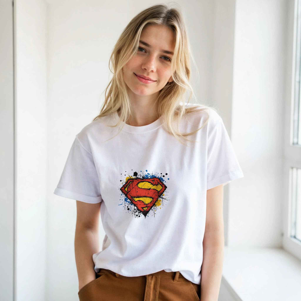 Superman Splatter Shield T-Shirt – Heroic Comic-Inspired Graphic Tee in Multiple Colors