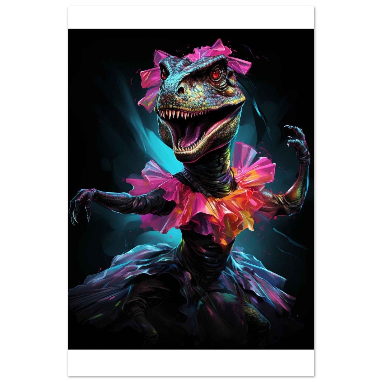 "Prima Dino-Ballerina" Poster – Whimsical Neon Dinosaur Wall Art (Multiple Sizes Available)
