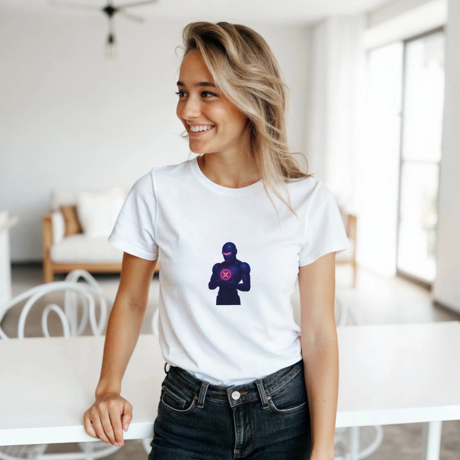 XRP Women’s T-Shirt – Robotic Guardian Crypto Tee - F4 Custom Prints