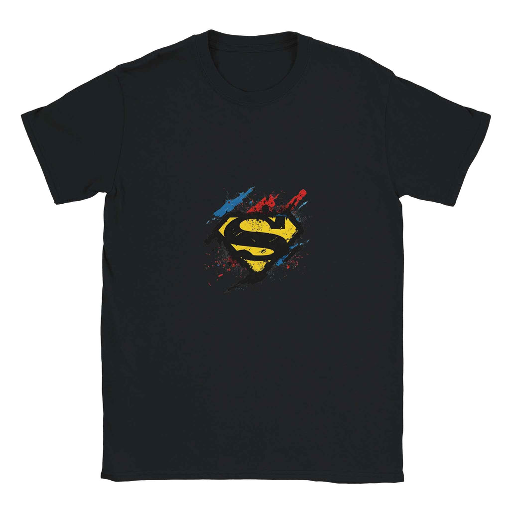 Superman Splatter Shield T-Shirt – Heroic Comic-Inspired Graphic Tee in Multiple Colors