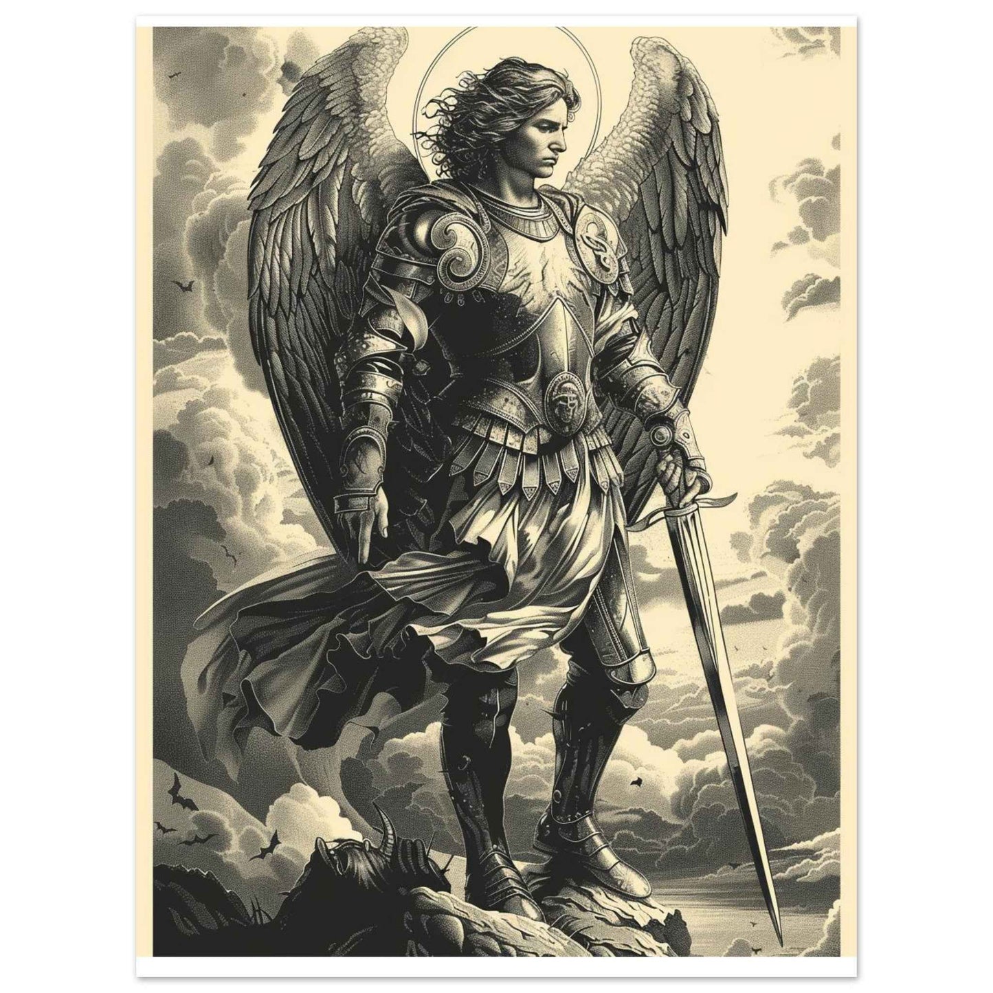 "Archangel Michael" Poster – Divine Warrior Line Art Print (Multiple Sizes Available)