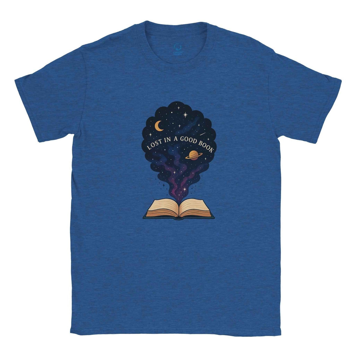 "Lost in a Good Book" Bookish T-Shirt – Celestial Reader Design in Your Choice of Seven Hues