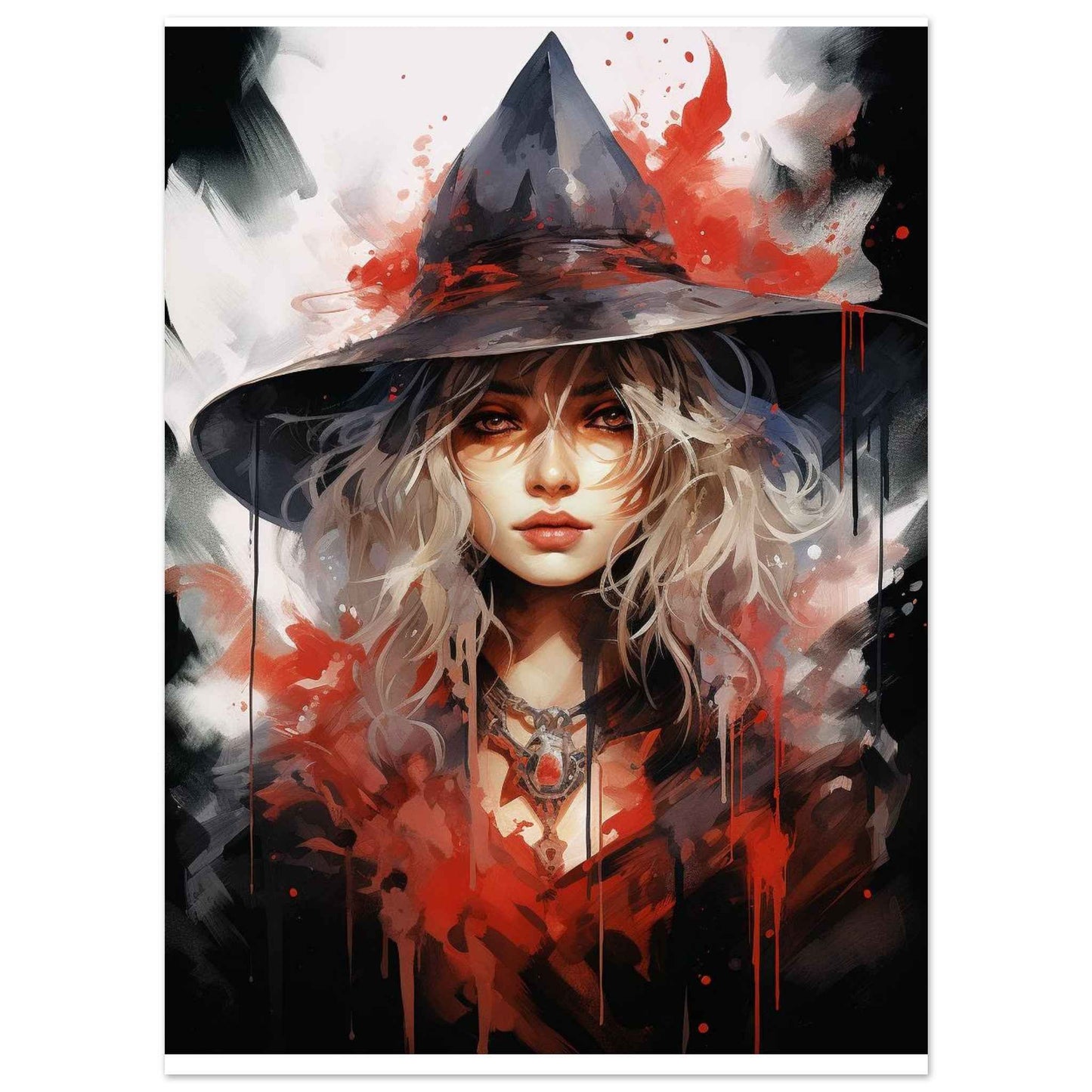 Crimson Sorceress Poster – Dark Fantasy Witchcraft Wall Art (Multiple Sizes Available)