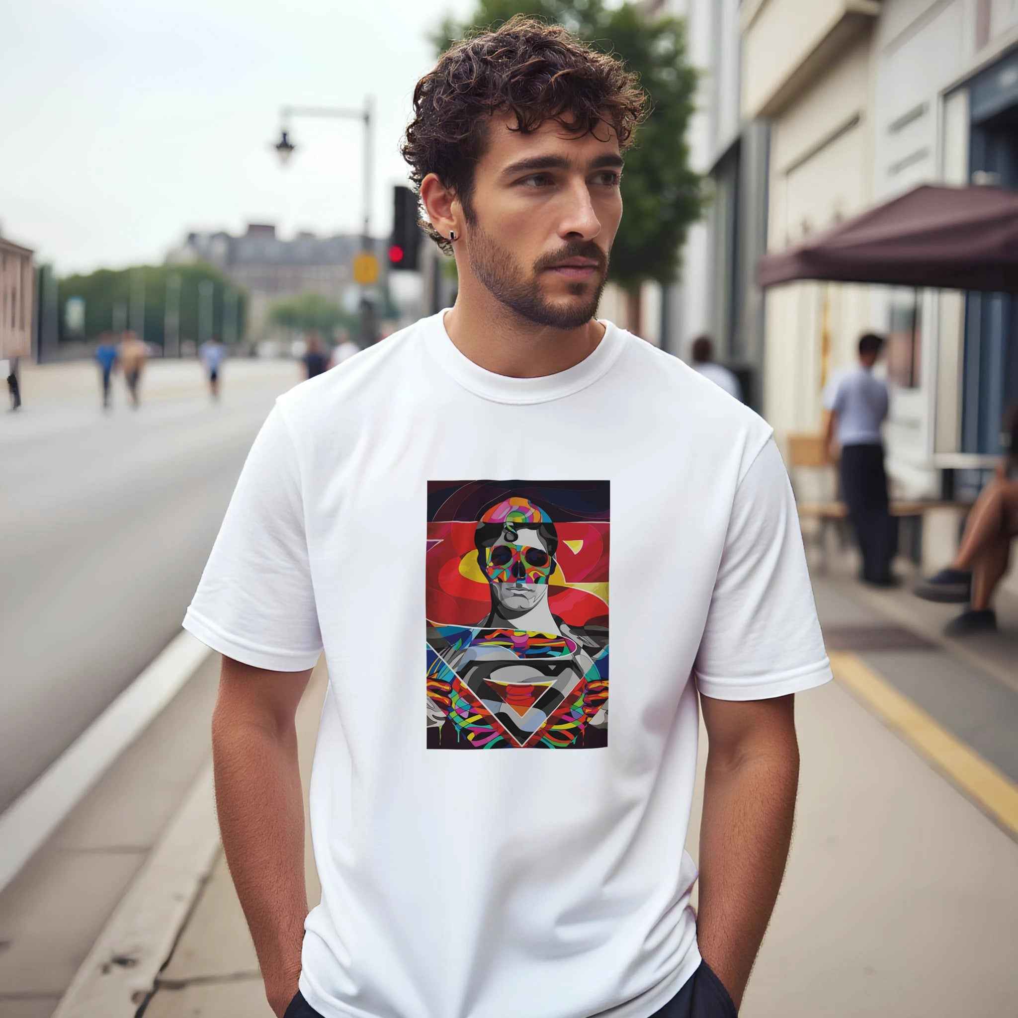 Abstract Superman T-Shirt – Heroic Pop Art Comic-Inspired Graphic Tee in Vibrant Hues
