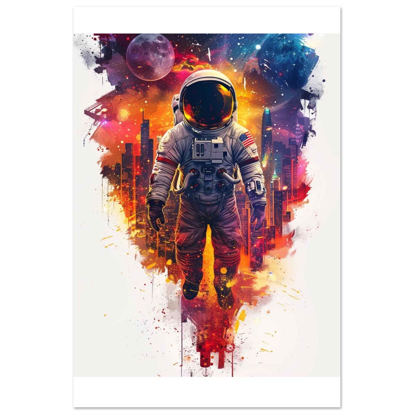 "Astronaut's Urban Odyssey" Poster – Vibrant Sci-Fi Cityscape Wall Art (Multiple Sizes Available)