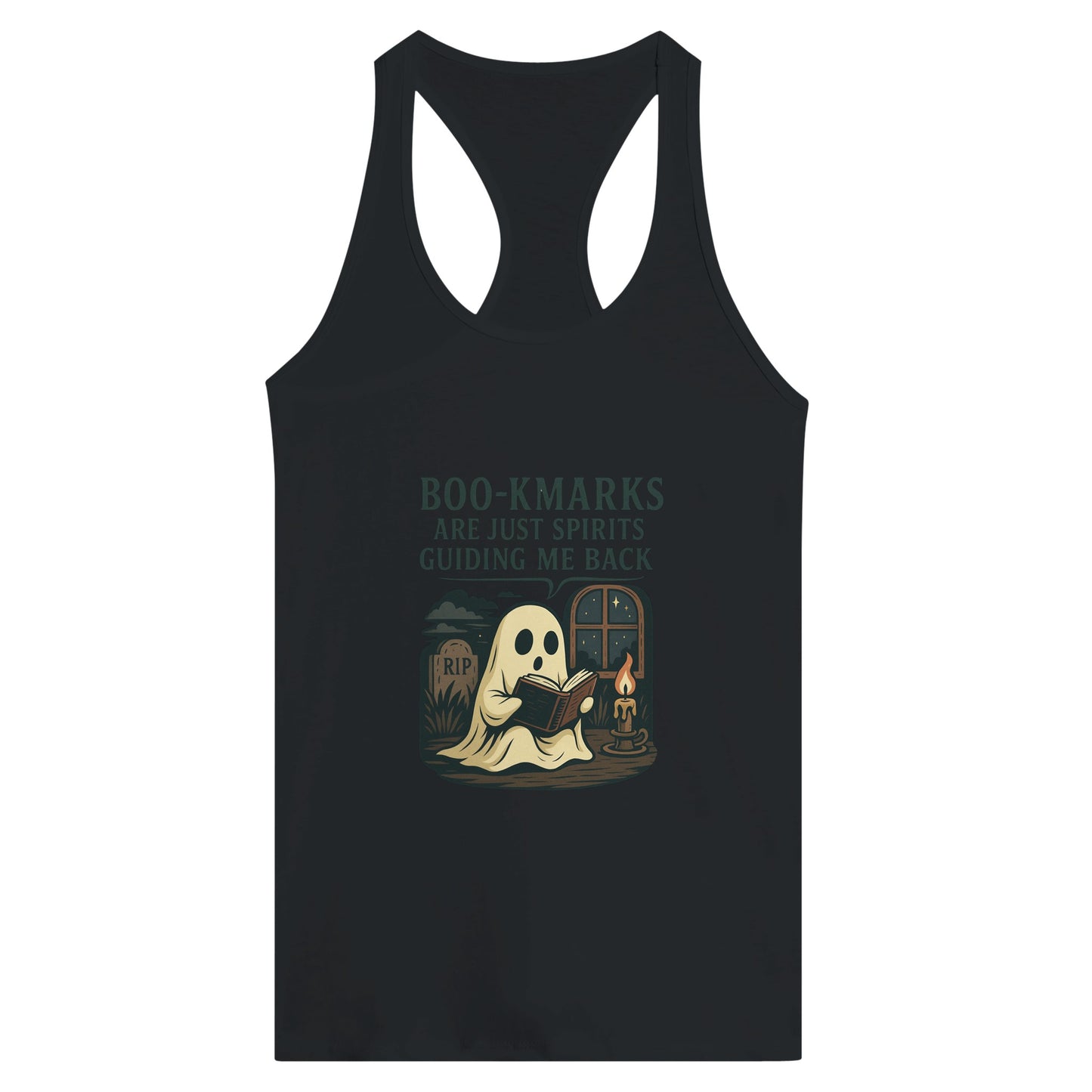Boo-Kmarks Women’s Racerback Tank – Ghost Book Lover Tee with Spooky Vibes - F4 Custom Prints