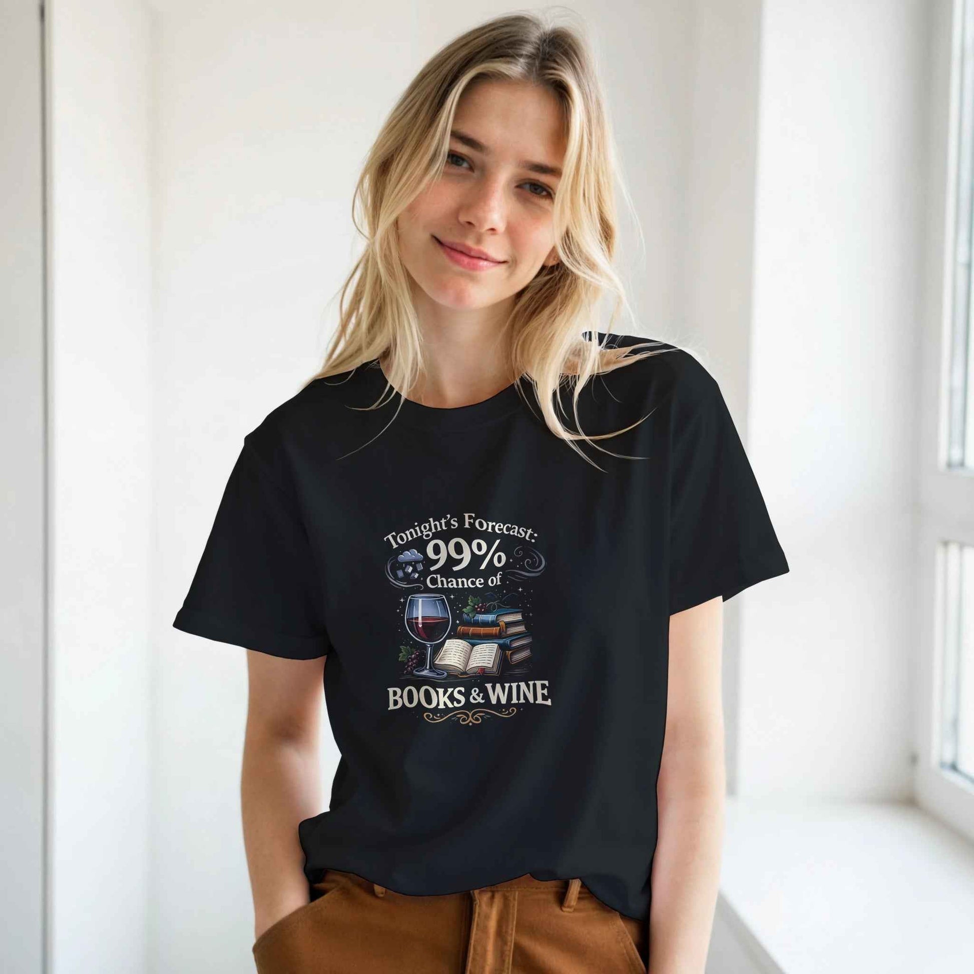 "Tonight's Forecast: Books & Wine" Bookish T-Shirt – Cozy Reader Design