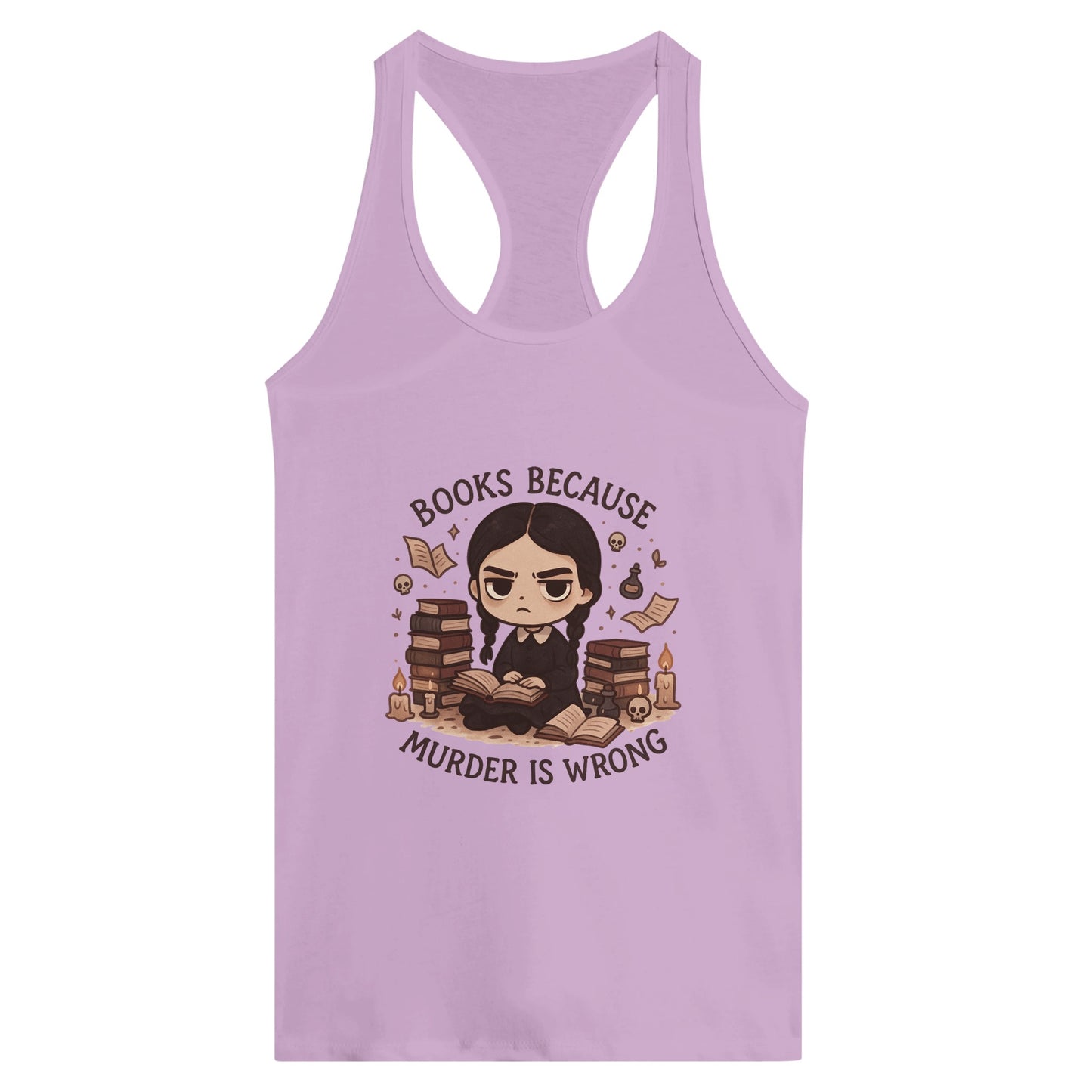 Bookish Goth Women’s Racerback Tank – “Books Because Murder Is Wrong” Dark Reader Tee - F4 Custom Prints